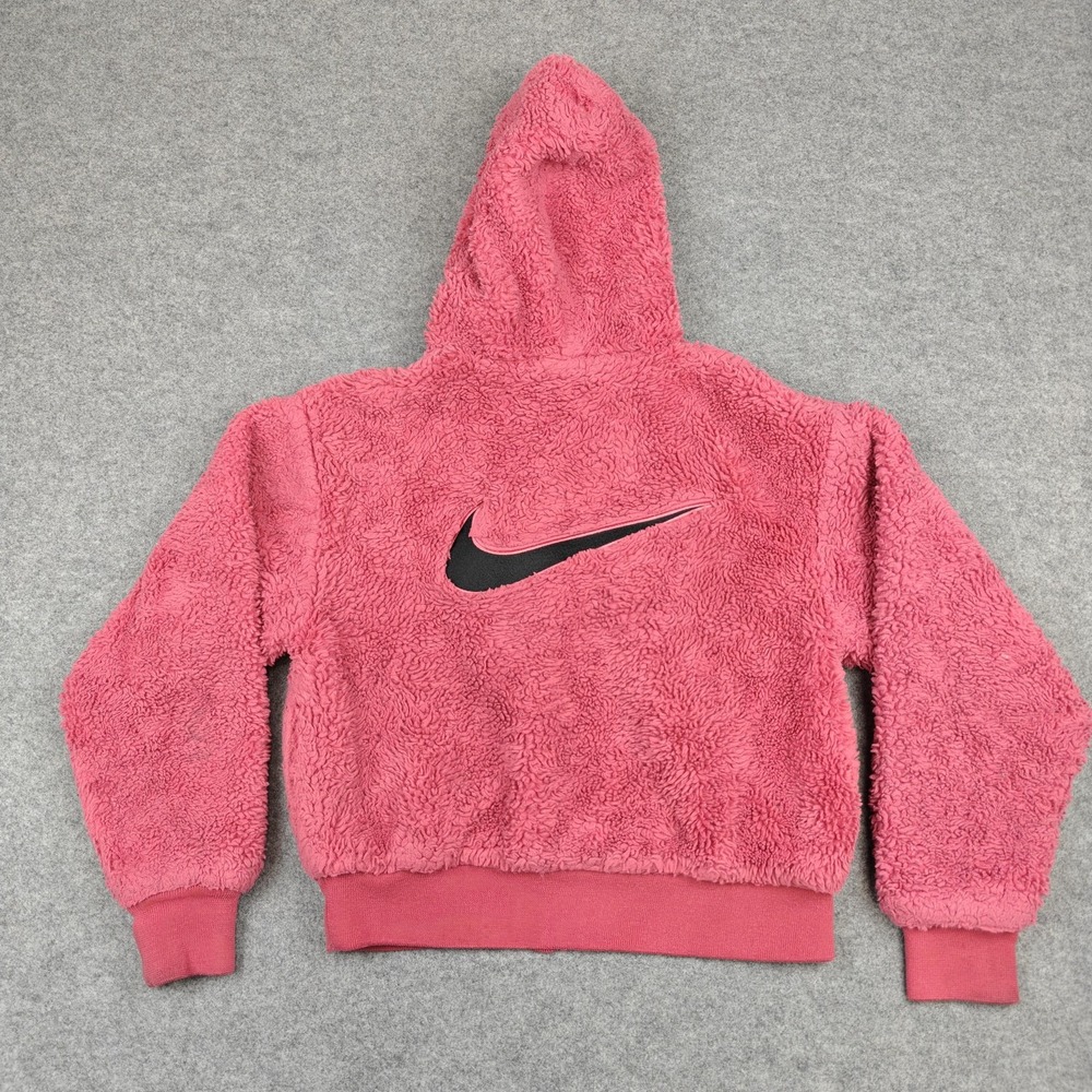 Nike Jacket Girls Small Pink Faux Fur Sherpa Fleece Hooded Full Zip Bomber Warm